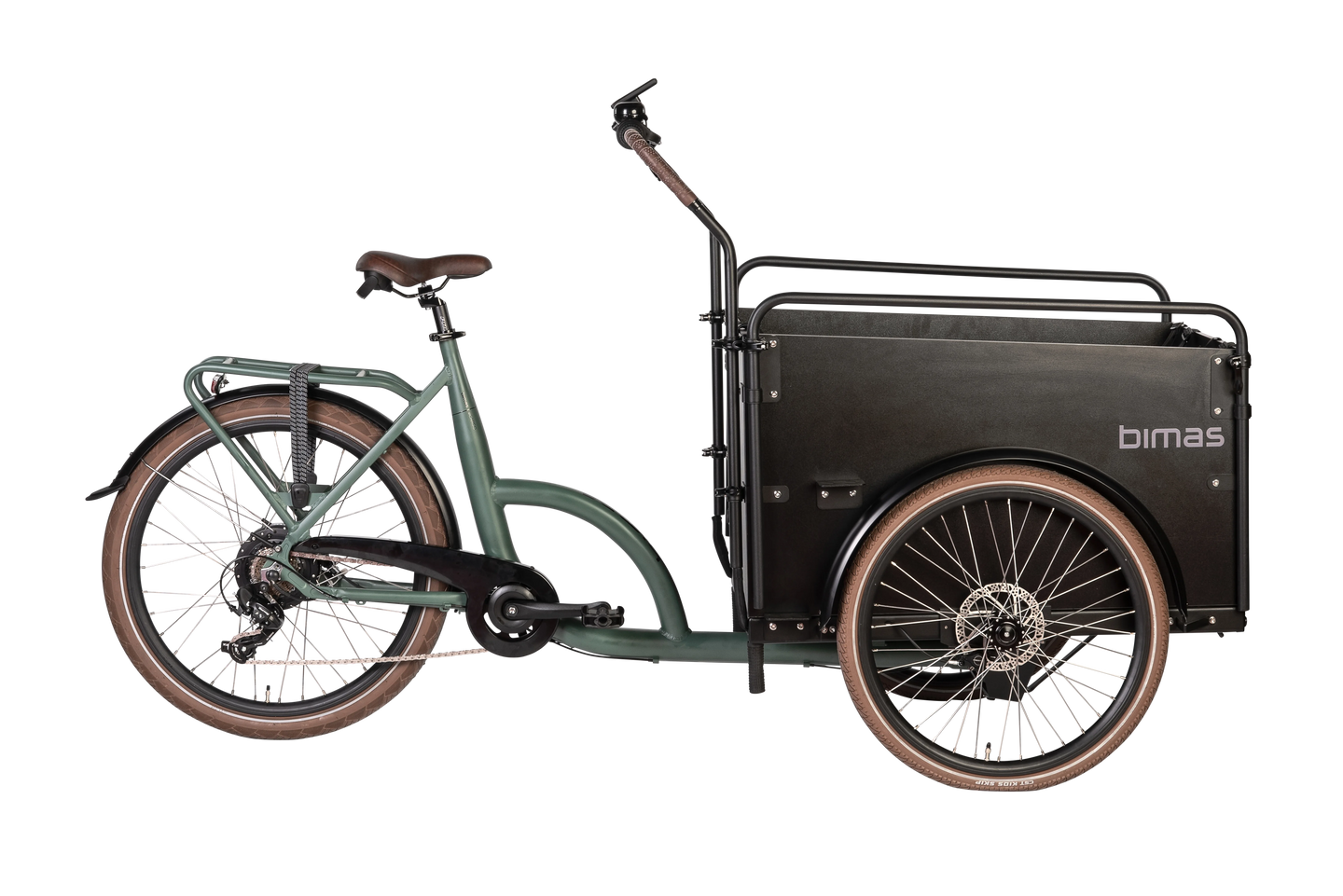 A product image of the Bimas eCargo 3.3 Economy electric cargo bike, showing the side of the cargo bike.