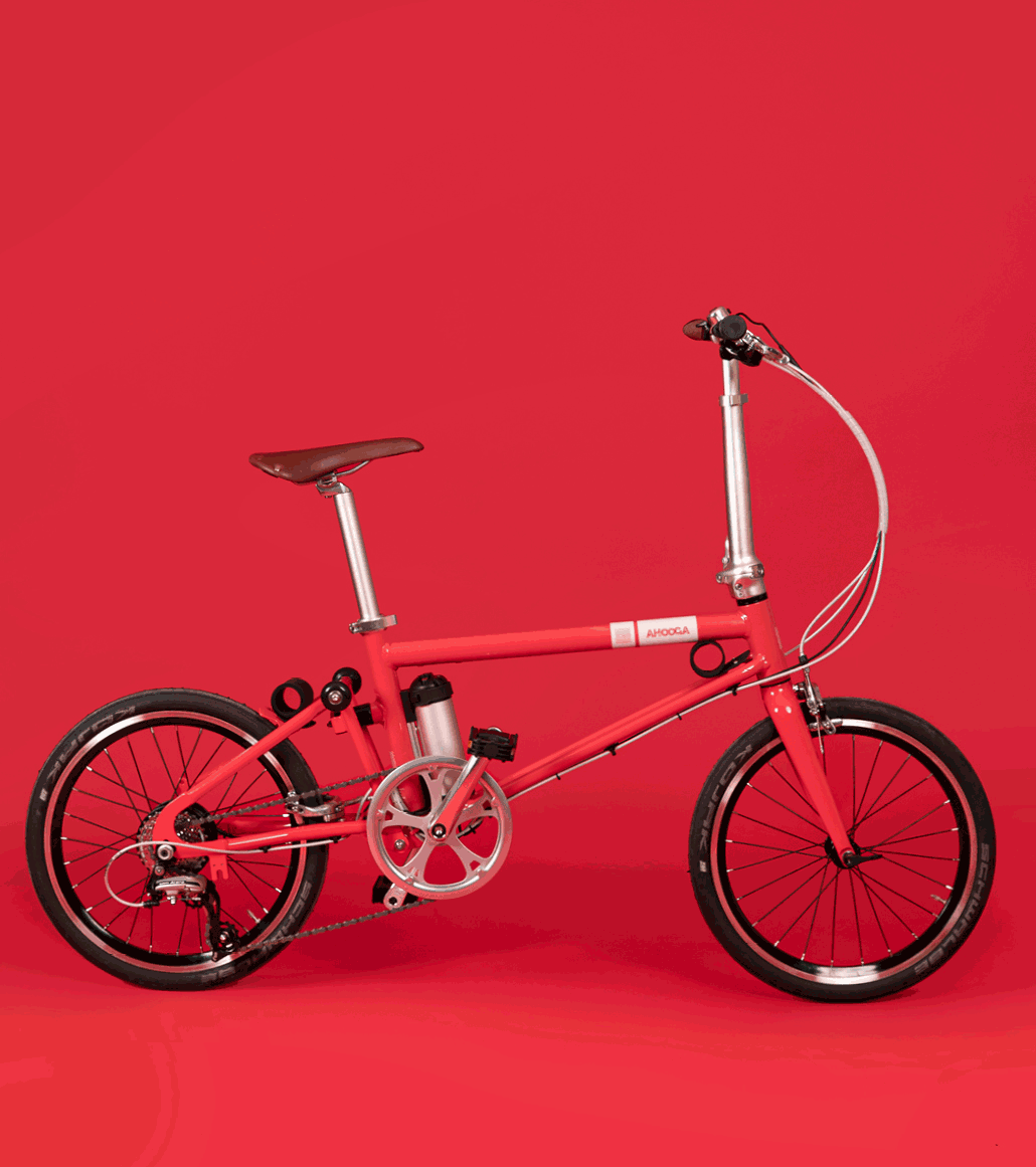 An animated gif showing the Ahooga Active 24V folding electric bike in its various folded configurations. The frame colour is red. The Ahooga Active is available to buy from Bleeper.