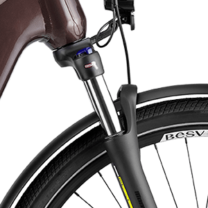 A product image of the BESV TR 1.3 electric bike, showing a close-up of the front fork suspension.