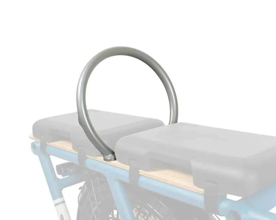 A product image showing the Yuba Ring hold-on accessory on the back of a Yuba longtail cargo bike.