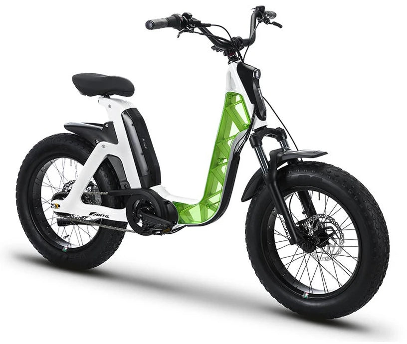 A photo of the Fantic Issimo Urban electric bike showing the white frame with a transparent green frame cover. 