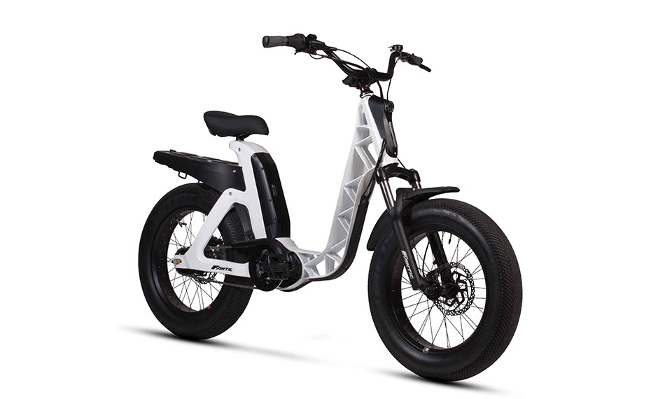 A product image of the Fantic Issimor Urban Electric Bike, showing the white frame option. This photo is taken from the front right.