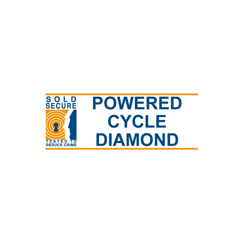 Logo for 'Powered Cycle Diamond' with a security certification symbol on a white background