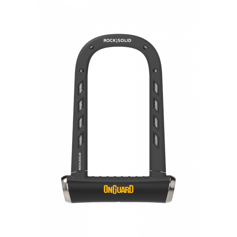 Black U-shaped bike lock with 'OnGuard' branding on a white background