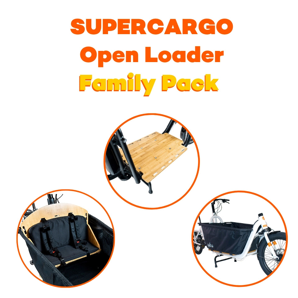 An image showing a combination of the accessories which make up the Yuba Supercargo Open Loader Family Pack.