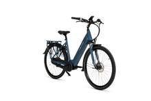 Load image into Gallery viewer, A product image of a Veloci Solid electric bike. The photo is taken at an angle against a white background, displaying all the features on the righthand side of the electric bike. The electric bike has a dark blue frame, the colour is called &quot;Eclipse Blue.&quot;

