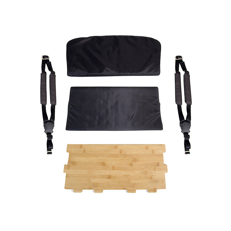 An image showing the various component parts of the Yuba Bamboo Box Seat Kit: The bamboo bench, two seatbelt straps, a bench cushion, and a back cushion.