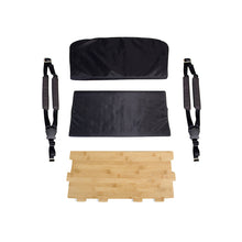 Load image into Gallery viewer, An image showing the various component parts of the Yuba Bamboo Box Seat Kit: The bamboo bench, two seatbelt straps, a bench cushion, and a back cushion.
