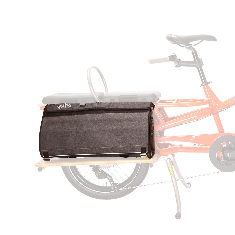 A product image showing the Yuba 2-Go Cargo Bags which attach to the Yuba Spicy Curry electric longtail cargo bike. This image shows the bags attached to the back of the cargo bike.