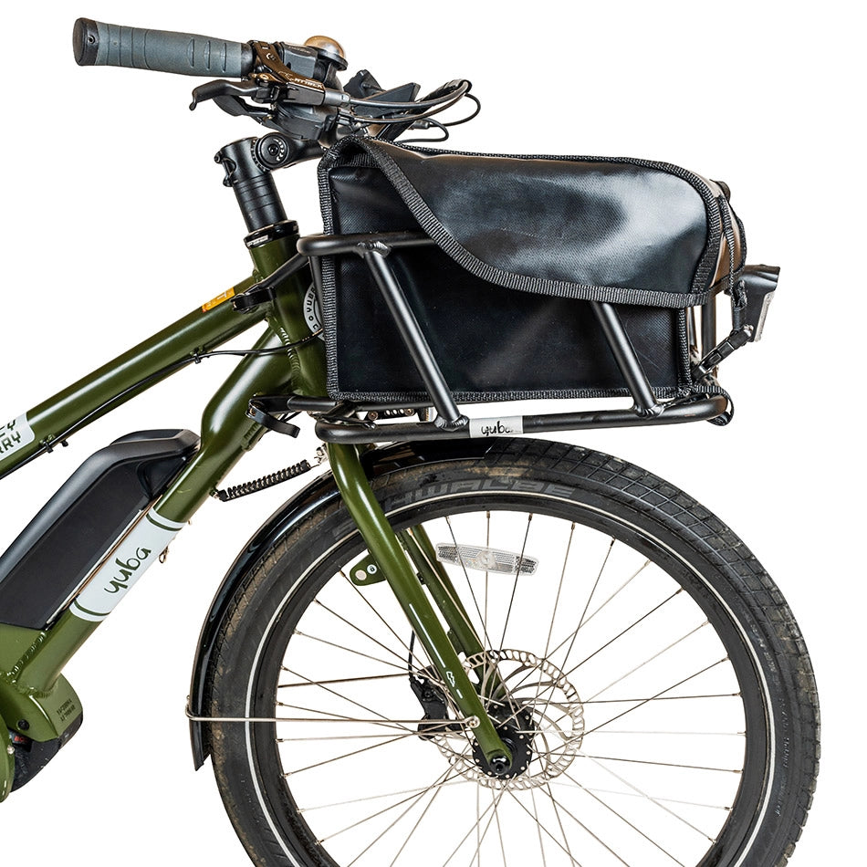 Product image of the Yuba Front Pro Pack attached to a Yuba longtail electric cargo bike.