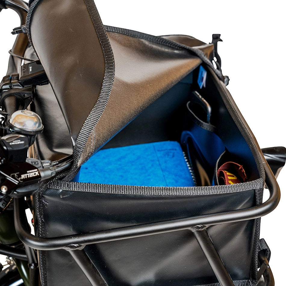 A glimpse inside the Yuba Front Pro Pack showing the interior and some of the organising pockets.