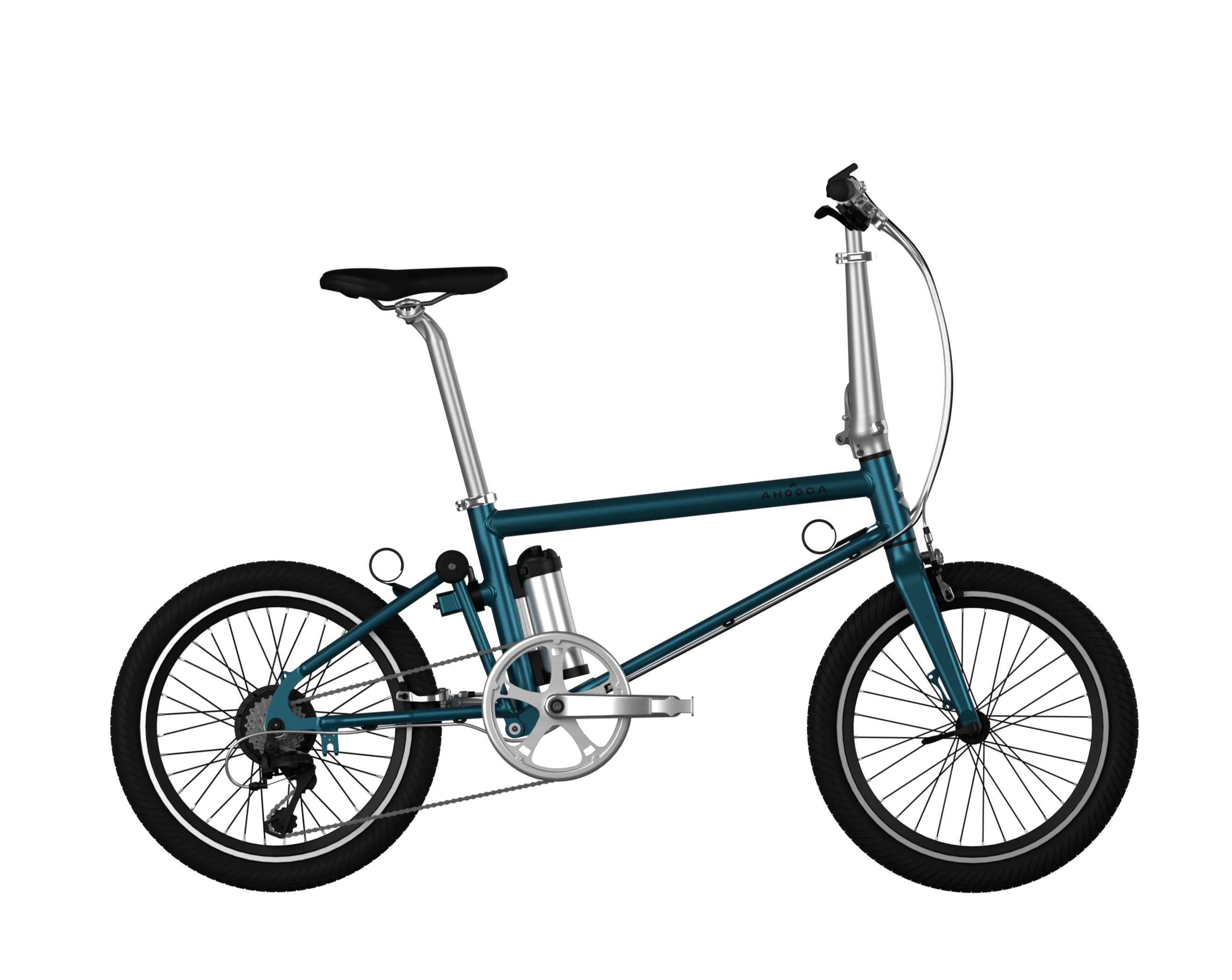 A product image of the Ahooga Active 24V folding electric bike. The frame colour is turquoise. The Ahooga Active is available to buy from Bleeper.
