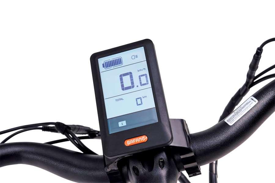 A product image of the Veloci Spirit electric bike from LeaseBike showing the detail of the Bafang display unit on the handlebars, which shows the battery level, speed, odometer and the level of assistance being provided by the electric motor. 