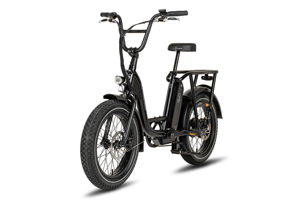 A product image of the Radrunner 2 electric longtail cargo bike from Rad Power Bikes, which is available to hire from LeaseBike. The photo shows the left side of the cargo bike at an oblique angle from the front of the bike. 