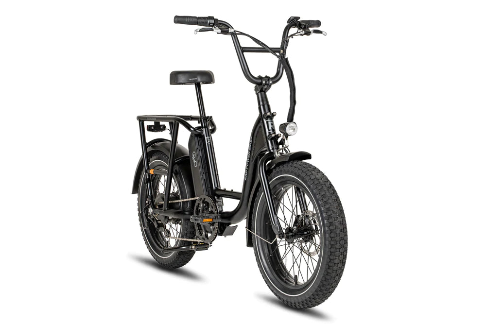 A product image of the Radrunner 2 electric longtail cargo bike from Rad Power Bikes, which is available to hire from LeaseBike. The photo shows the right side of the cargo bike, taken from an oblique angle at the front of the bike.