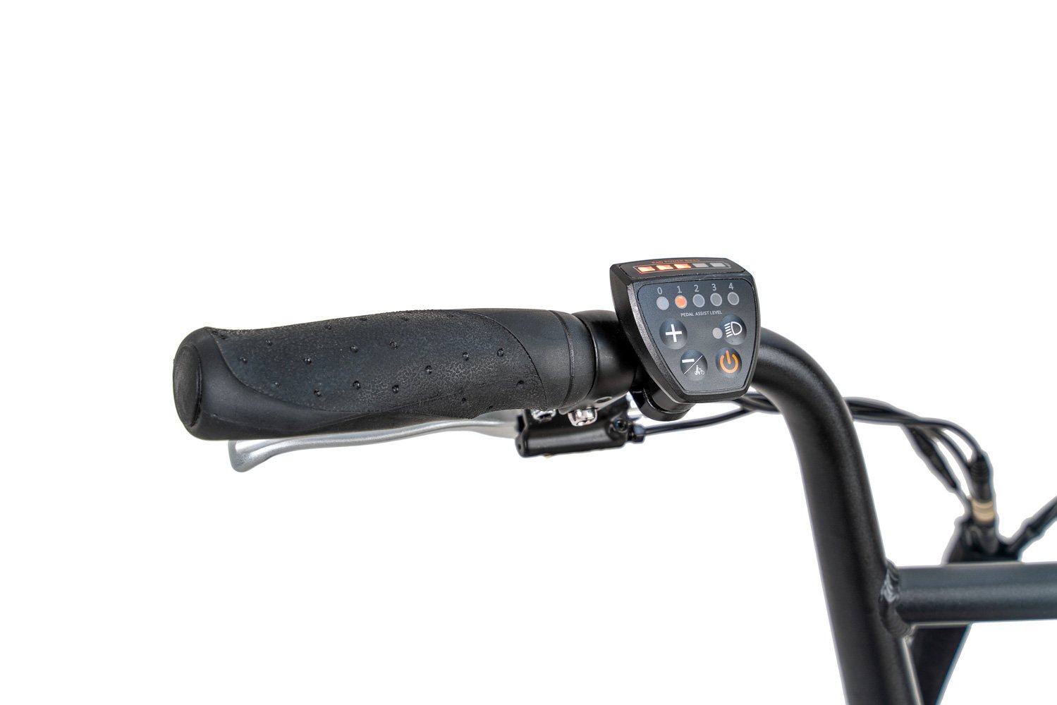 A product image of the Radrunner 2 electric longtail cargo bike from Rad Power Bikes, which is available to hire from LeaseBike. The photo shows the details of the power assist controls on the left side of the handlebar.