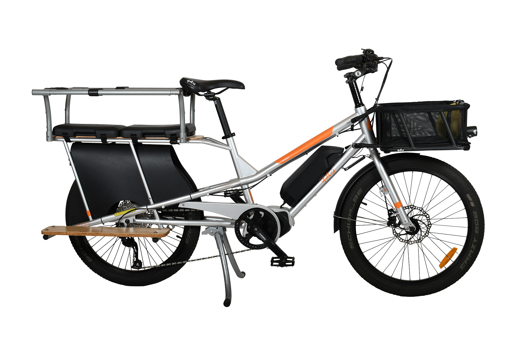 A product picture of the Yuba Kombi E5 with monkey bars and side boards on the back.