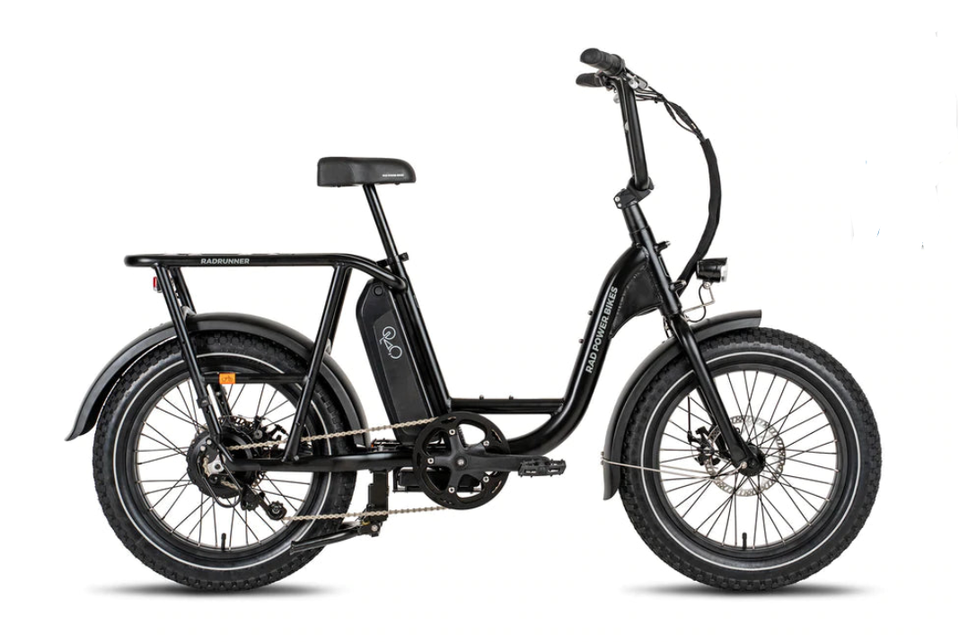 A product image of the Radrunner 2 electric longtail cargo bike from Rad Power Bikes, which is available to hire from LeaseBike. The photo shows the right side of the cargo bike.