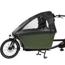 Load image into Gallery viewer, A product image featuring the Dolly electric cargo bike with a rain tent accessory installed. The zippers are closed on the tent in this photo.
