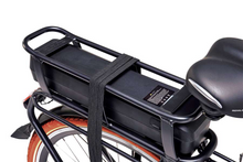 Load image into Gallery viewer, A product image of the Veloci Spirit electric bike from LeaseBike showing the detail of the rear carrier rack and the electric battery.
