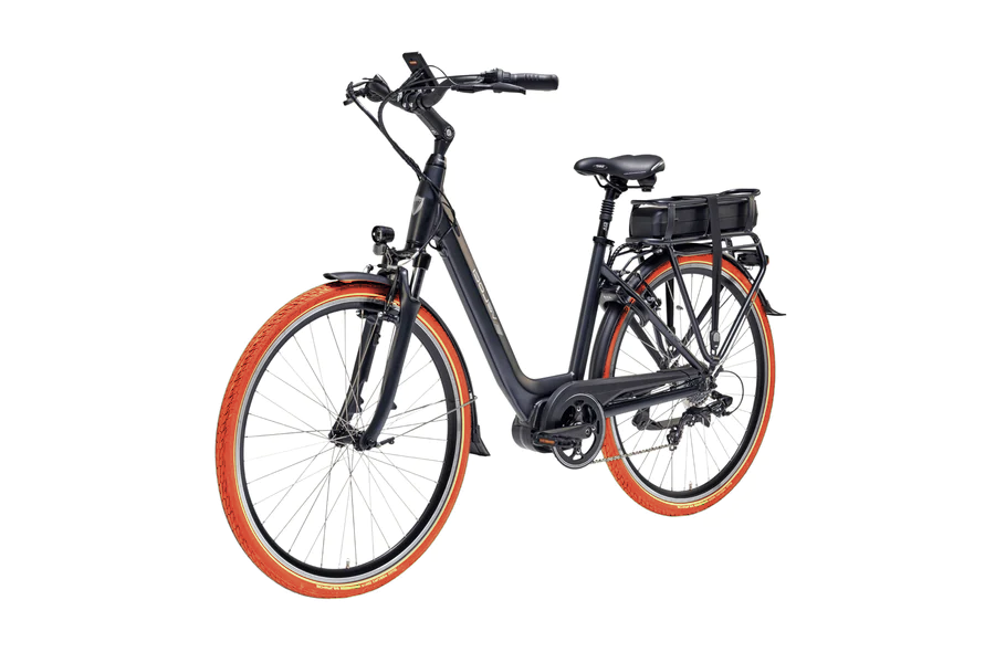 A product image of the Veloci Spirit electric bike from LeaseBike. The photo is taken at an oblique angle from the front of the bike. 