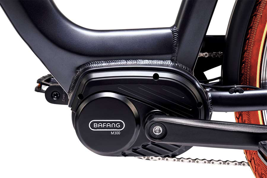 A product image of the Veloci Spirit electric bike from LeaseBike showing the details of the M300 mid-drive electric motor from Bafang, which is situated at the bottom bracket of the bike, in between the pedals. 