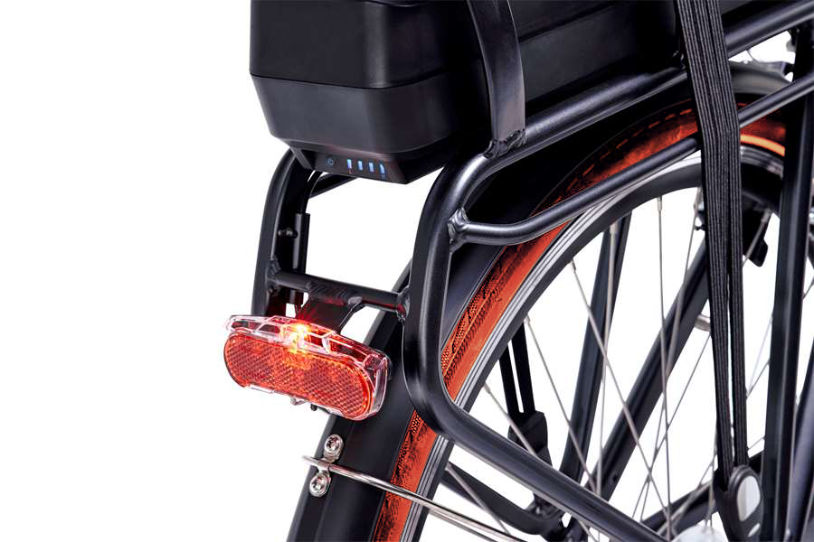 A product image of the Veloci Spirit electric bike from LeaseBike showing the detail of the integrated rear red light, which is powered by the electric bike's battery.