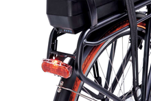 Load image into Gallery viewer, A product image of the Veloci Spirit electric bike from LeaseBike showing the detail of the integrated rear red light, which is powered by the electric bike&#39;s battery.
