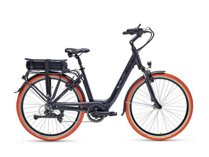 A product photo of the Veloci Spirit electric bike from LeaseBike. The grey ebike is photographed against a white background, with the distinctive orange tyres standing out - a feature of LeaseBike.
